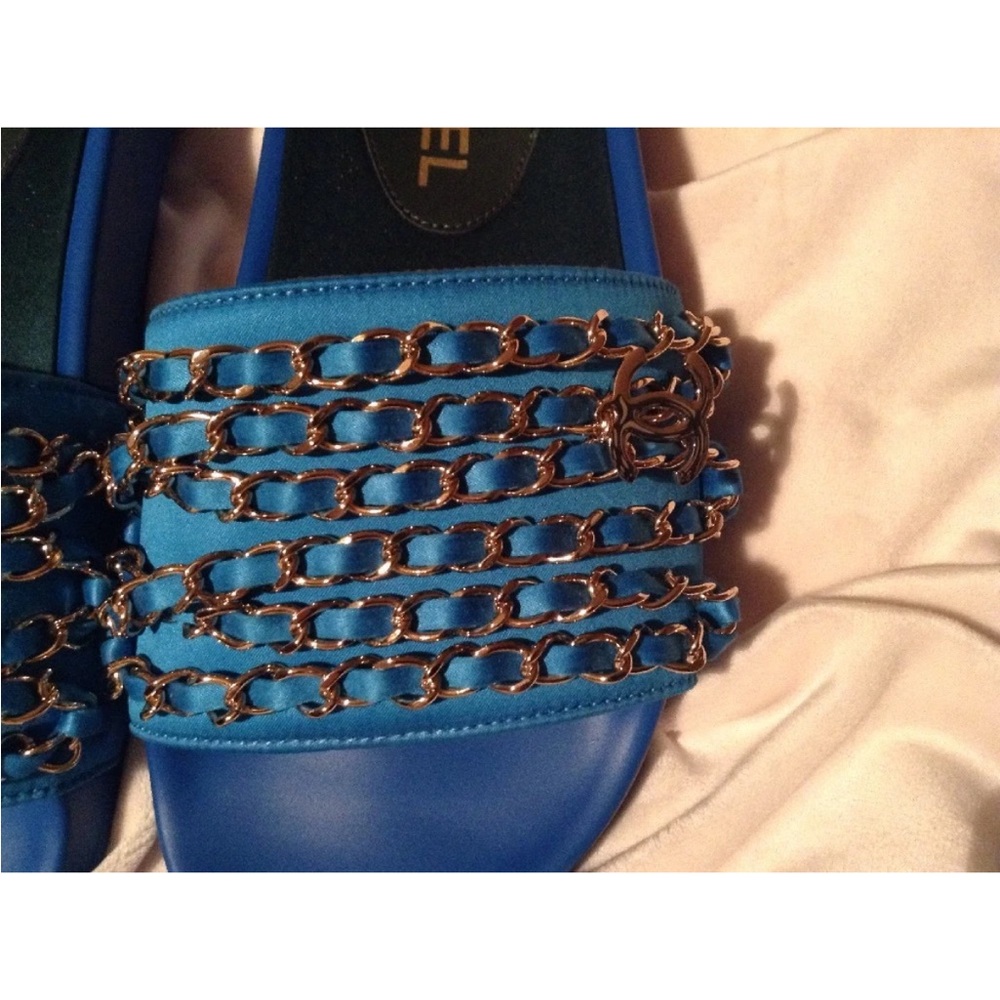 CHANEL RARE Blue Slide Sandals with Chain Detail BNIB